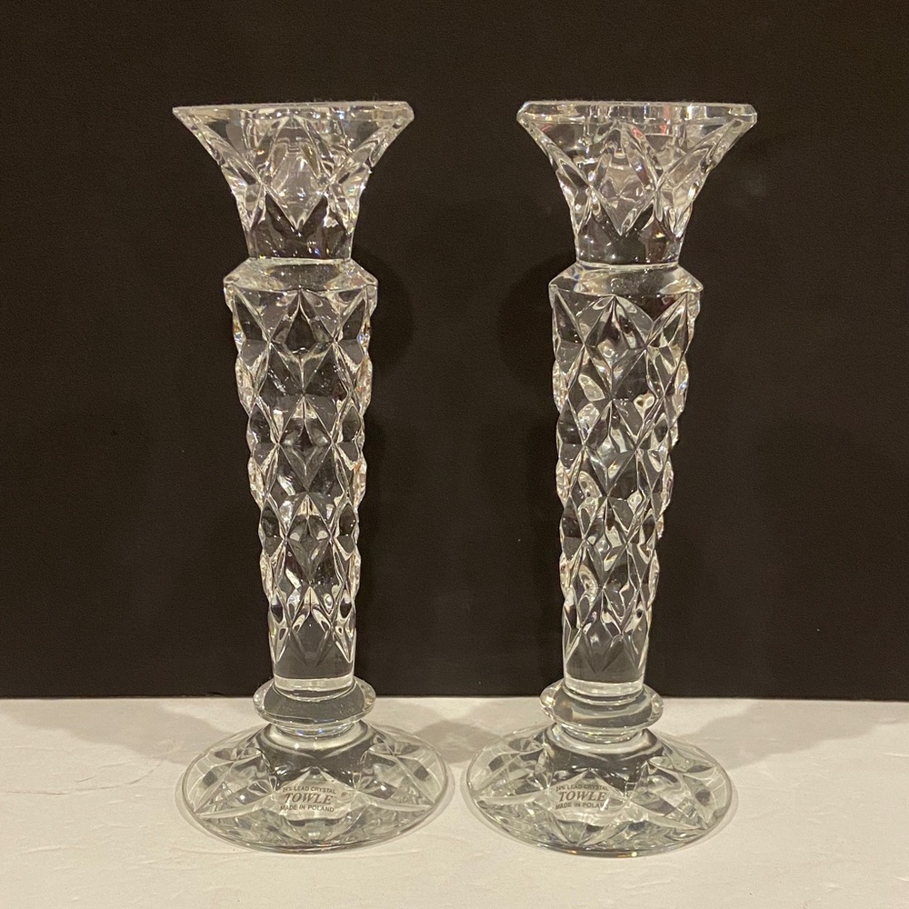 Set of 2 Towle 10” Leaded Crystal Tapered Candlestick Holders